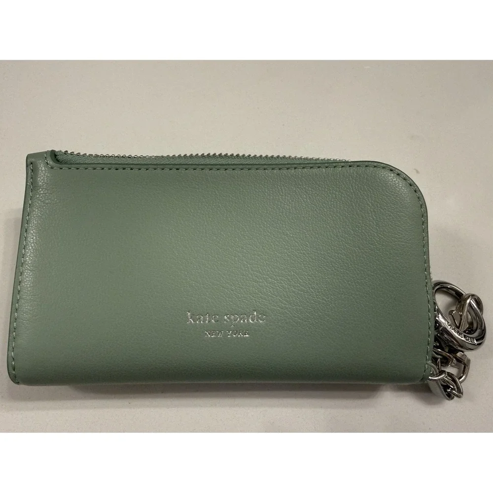kate spade new york Green Solid Zip Around Wallet w/ Chain Strap, Cards, ID